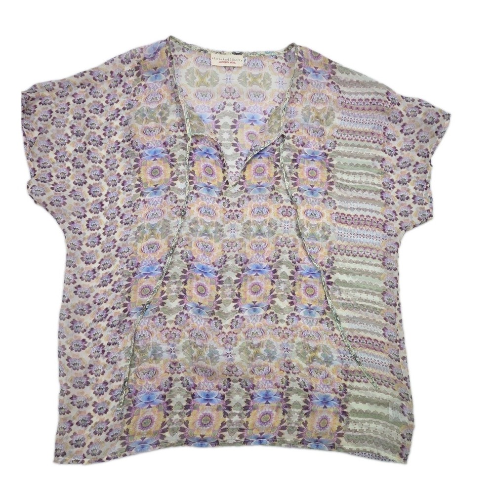 JOHNNY WAS 4 Love And Liberty 100% Silk Sheer Tunic Blouse Waterlilies Size XS